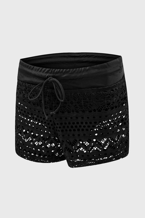 Geometric Openwork Drawstring Waist Swim Cover Up Shorts