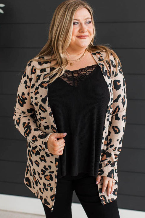 Leopard Print Long Sleeve V Neck Tunic Jacket