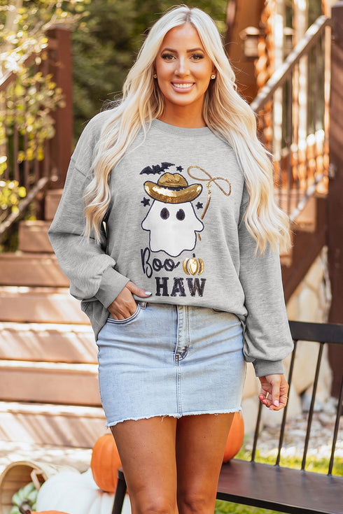 Sequin Western Ghost Print Long Sleeve Round Neck Sweatshirt