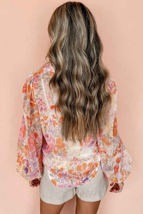 Abstract Floral Balloon Sleeve Button Down Blouse