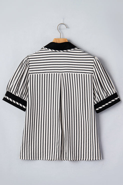 Striped Collared Split Neck Short Puff Sleeve Blouse