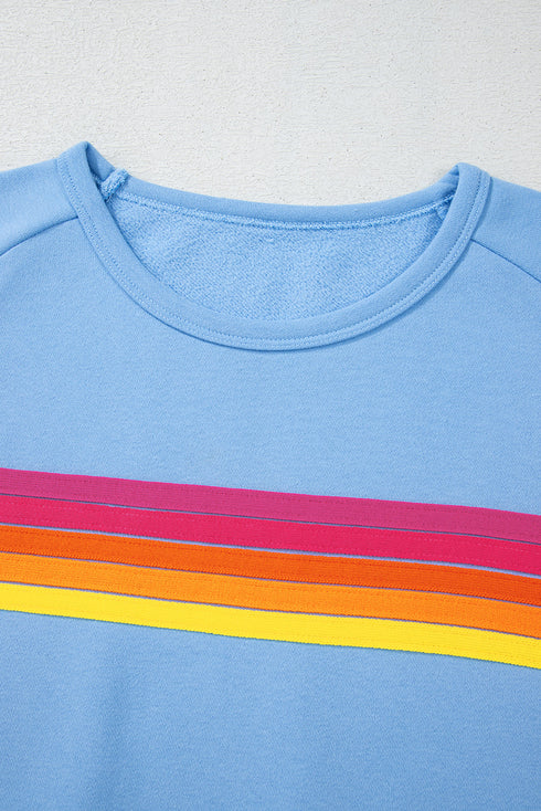 Striped Patchwork Applique Pullover Two Piece Short Set