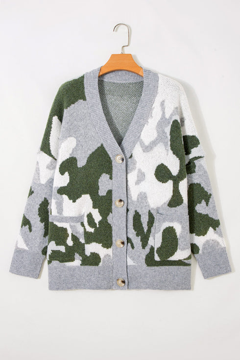 Camouflage Drop Shoulder V Neck Button Front Cardigan
