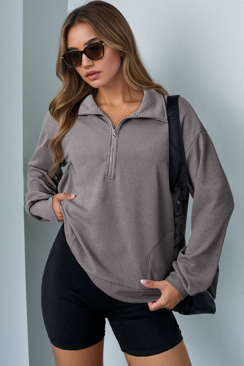 Waffle Textured Collar Half Zip Pocketed Drop Shoulder Sweatshirt