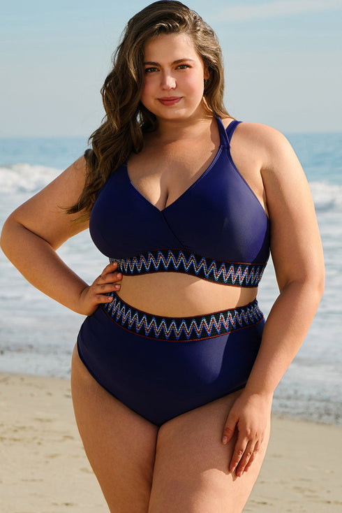 Embroidered Trim Wrap Tie High Waisted Plus Size Swimwear