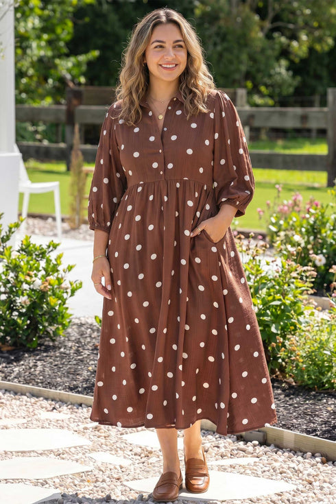 Polka Dot V Neck Front Pocket Gathered Cuffs Long Sleeve Shift Midi Dress