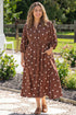 Polka Dot V Neck Front Pocket Gathered Cuffs Long Sleeve Shift Midi Dress