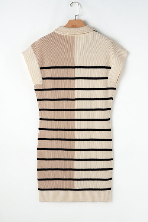 Striped Ribbed Knit Half Zip Mini Dress