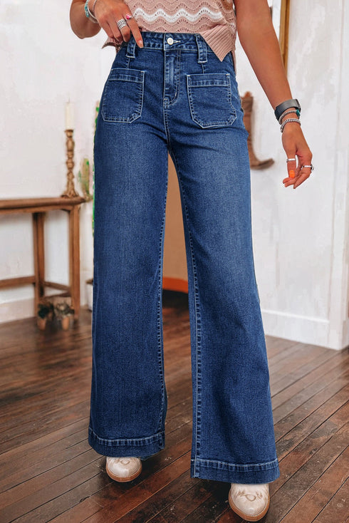 High Rise Wide Leg Pocketed Stretch Denim Jeans