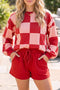 Checkerboard Plaid Long Sleeve Top Clean Finish Short Set