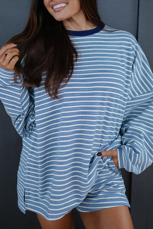 Striped Long Sleeve Oversized Top Pocketed Two Piece Short Set
