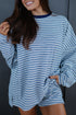 Striped Long Sleeve Oversized Top Pocketed Two Piece Short Set