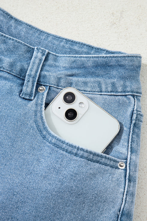 High Rise Cropped Washed Denim Wide Leg Jeans