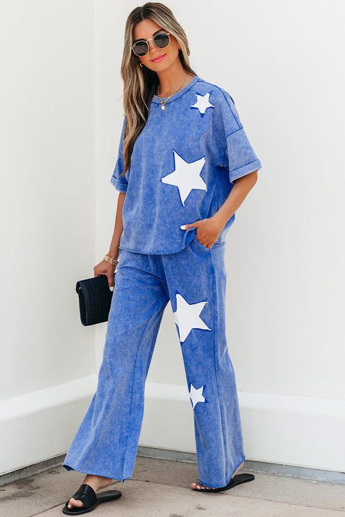 Acid Wash Star Applique Rolled Trim Pants Set