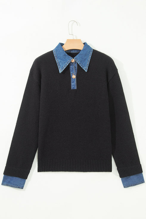 Acrylic Polyester Denim Patchwork Collar Cuffed Sweater