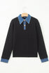 Denim Patchwork Collar Cuffed Mixed Texture Knit Sweater