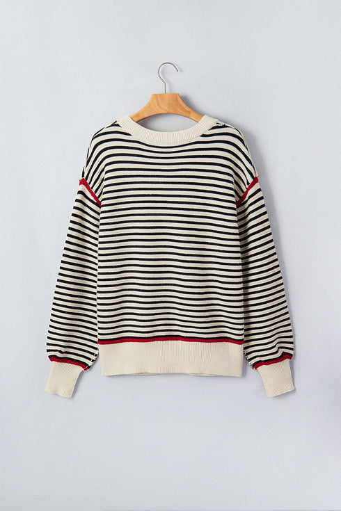 Striped Ribbed Trim Drop Shoulder Oversized Sweater