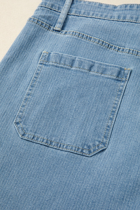 Patched Pocket Textured Denim Wide Leg Plus Size Bottoms