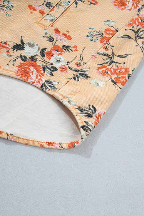 Floral Print Tunic Length Long Sleeve Denim Jacket