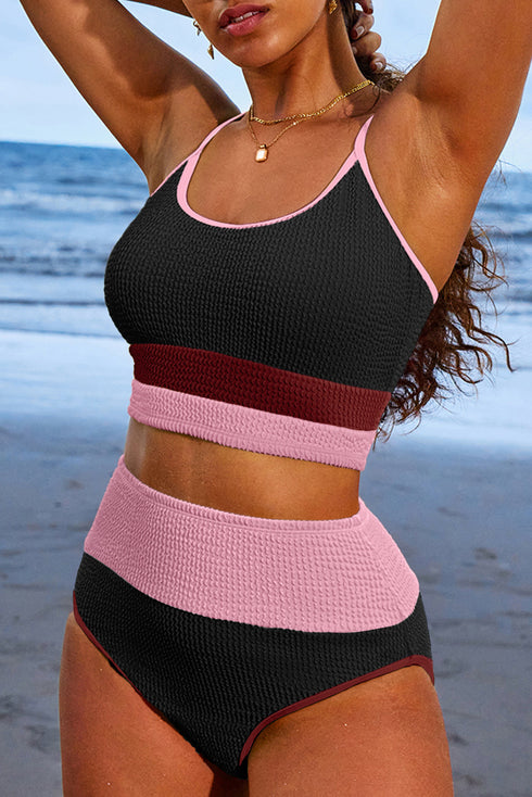 Textured Crinkle Scoop Neck High Waist Bikini Set