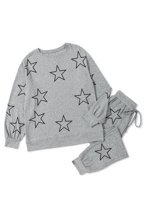 Star Print Long Sleeve Drawstring High Waist Pant Set