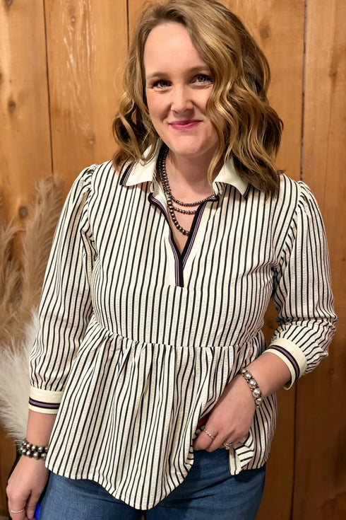 Striped Pattern Patchwork V Neck Tunic Blouse