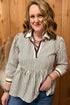 Striped Pattern Patchwork V Neck Tunic Blouse