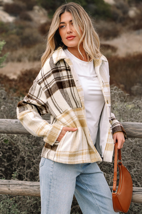 Button Front Patchwork Side Pocket Plaid Shacket