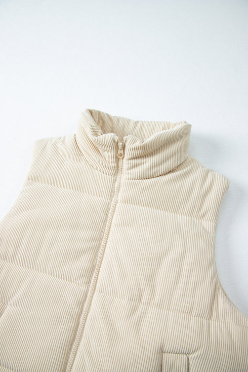 Textured Corduroy Stand Neck Zipped Puffer Vest