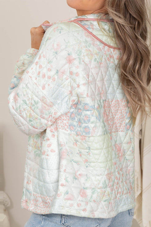 Floral Quilted Metal Zipper Collar Long Sleeve Sweatshirt