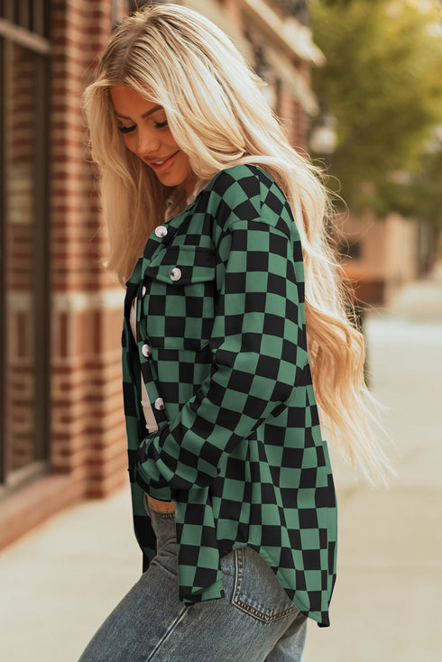 Checkered Print Flap Pocket Button Front Shacket