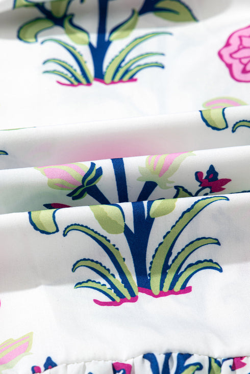 Floral Puff Short Sleeve V Neck High Waist Maxi Dress