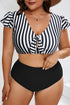 Striped Knot Cutout Ruffle Sleeve High Waisted Swimsuit