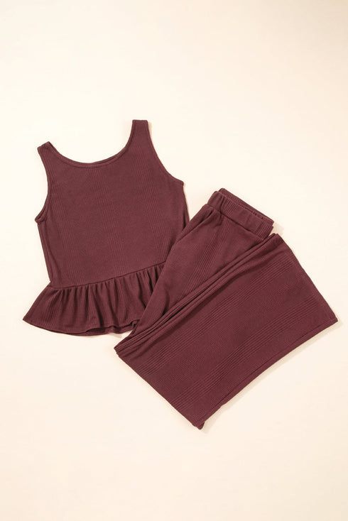 Textured Ribbed Ruffle Tank Top Wide Leg Pant Set