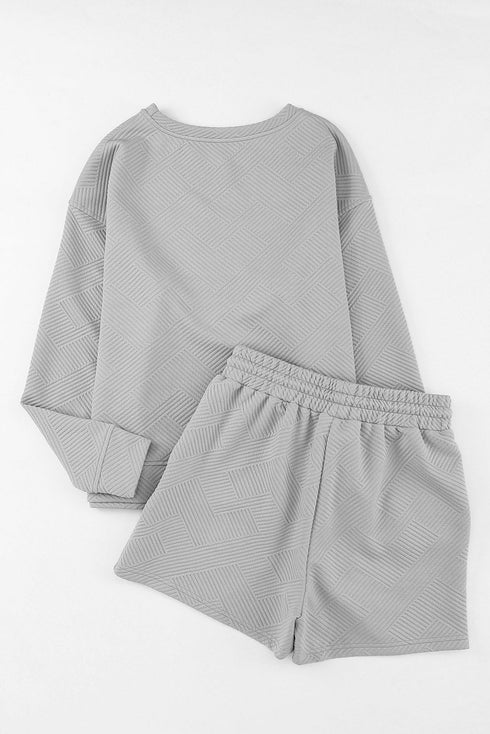Textured Long Sleeve Top And Drawstring Lounge Short Sets