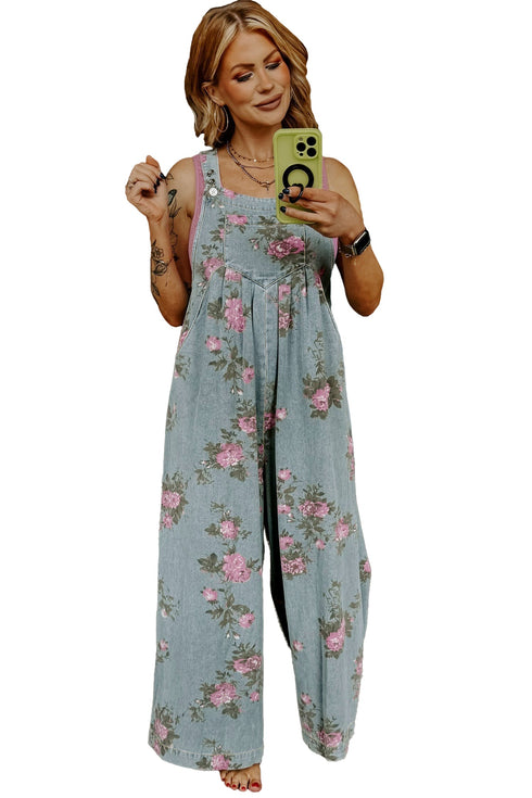 Pleated High Waist Floral Wide Leg Denim Jumpsuit
