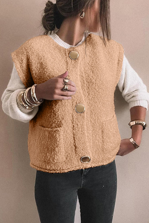 Modern Solid Fuzzy Big Button Accent Pocket Vest
