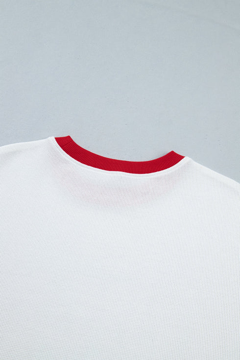 Letter Graphic Waffle Knit Textured Trim Slogan Pullover Sweatshirt