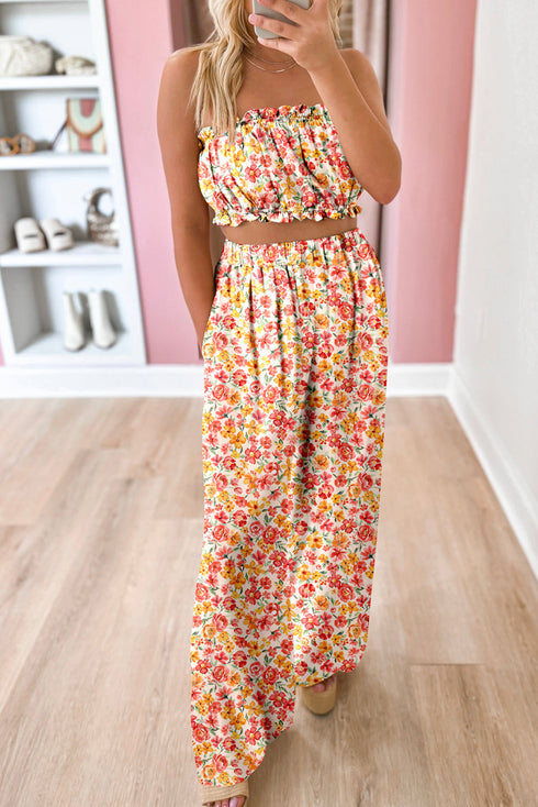 Bohemian Floral Print Bandeau Wide Leg Pant Set