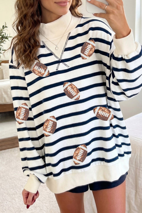 Striped Sequin Rugby Print Mock Neck Sweatshirt