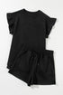 Textured Ruffle Sleeve Split Top Drawstring Short Set