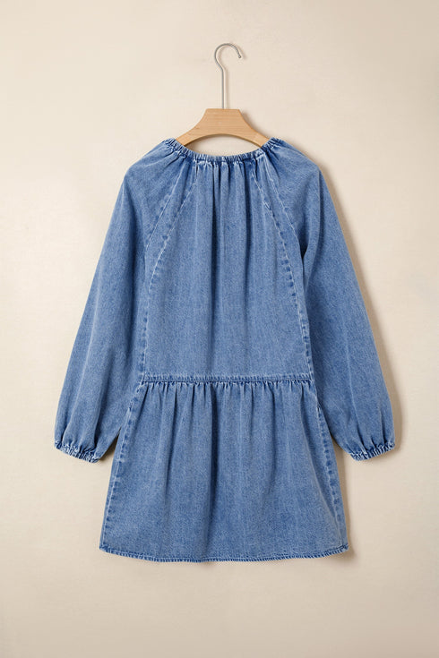 Western Puff Sleeve V Neck Ruffled Denim Mini Dress
