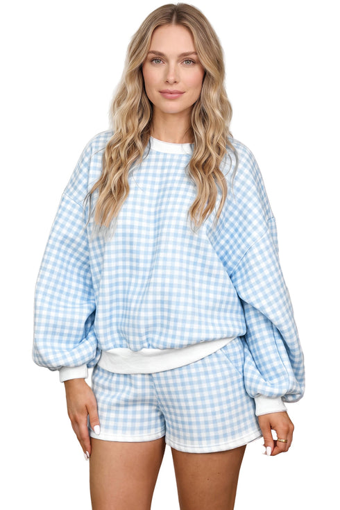 Plaid Baggy Pullover Drawstring Shorts Two Piece Outfit Short Set