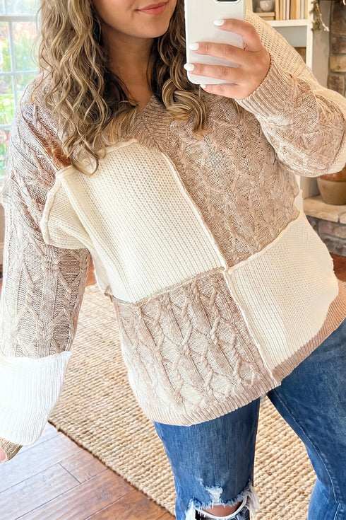 V Neck Seam Detail Loose Long Sleeve Tunic Sweater