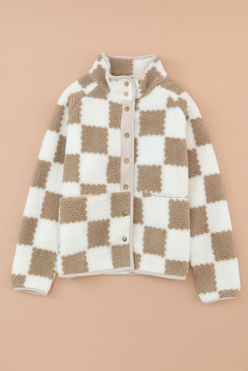 Checkered Plaid Sherpa Fleece Snap Button Jacket