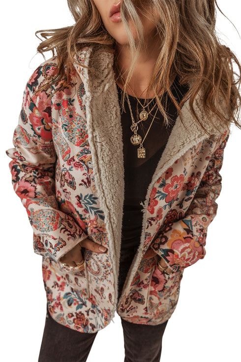 Bohemian Floral Print Sherpa Lined Fleece Hooded Jacket