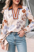 All Over Floral Print V Neck Long Sleeve Blouse