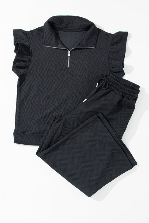 Textured Ruffle Sleeve Top Wide Leg Pant Set