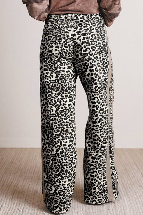 Leopard Print Drawstring Waist Straight Leg Jeans