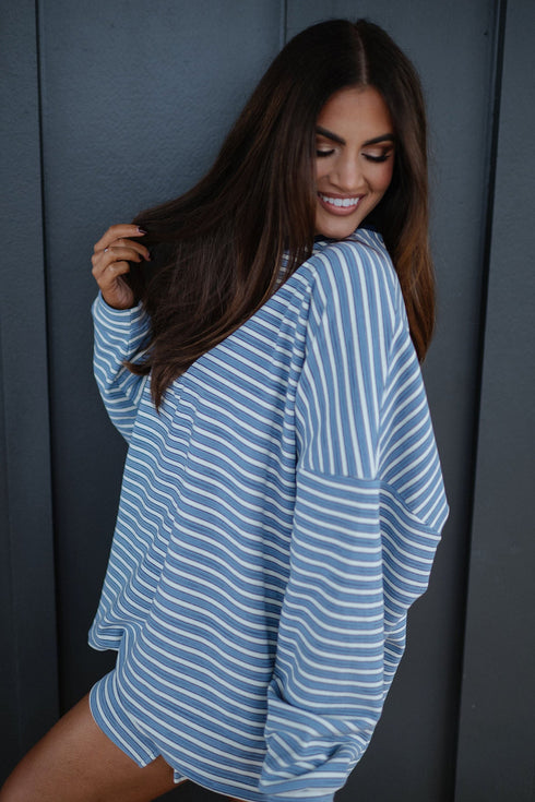 Striped Long Sleeve Oversized Top Pocketed Two Piece Short Set